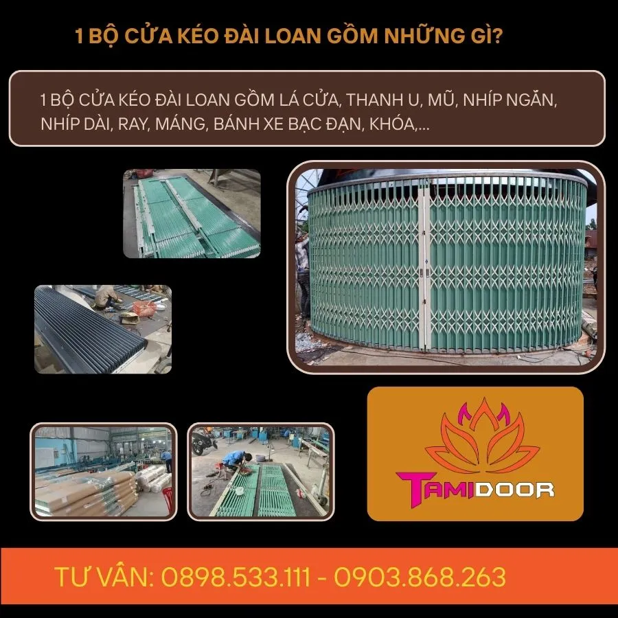 1 bộ cửa kéo Đài Loan gồm lá cửa, thanh U, mũ, nhíp ngắn, nhíp dài, ray, máng, bánh xe bạc đạn, khóa,...