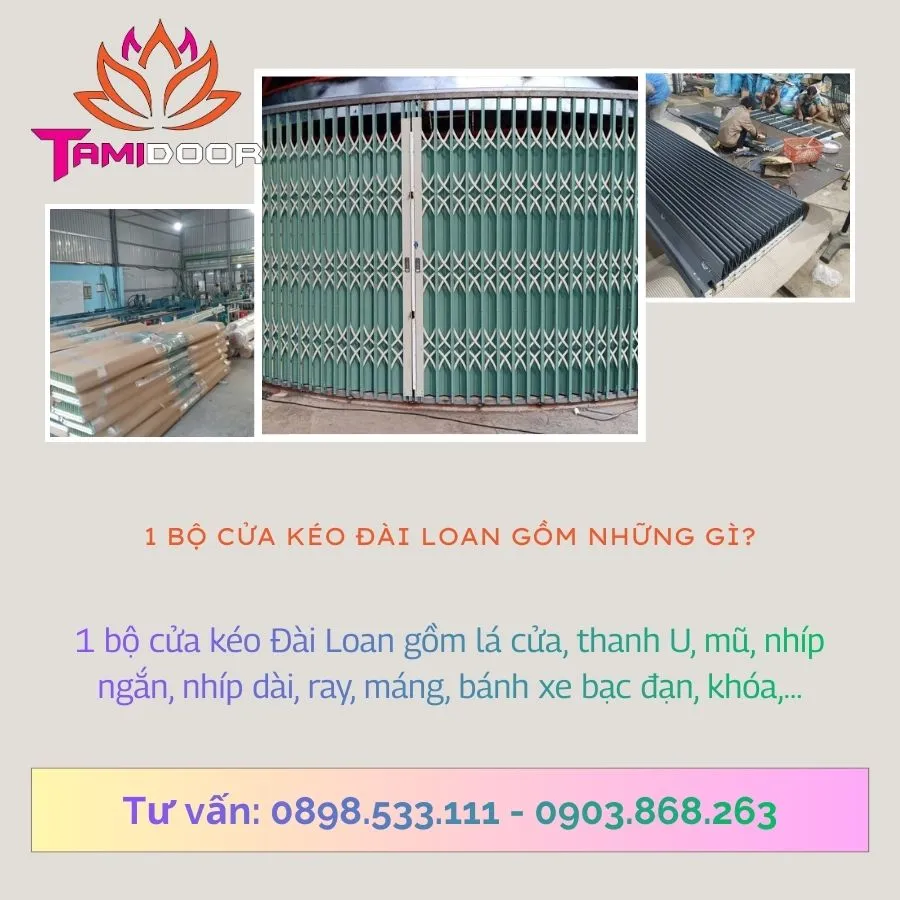 1 bộ cửa kéo Đài Loan gồm lá cửa, thanh U, mũ, nhíp ngắn, nhíp dài, ray, máng, bánh xe bạc đạn, khóa,...