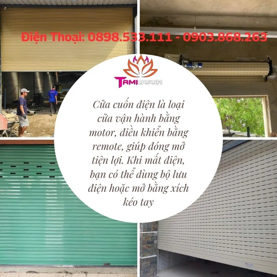 Cửa cuốn điện là loại cửa vận hành bằng motor, điều khiển bằng remote, giúp đóng mở tiện lợi. Khi mất điện, bạn có thể dùng bộ lưu điện hoặc mở bằng xích kéo tay. 